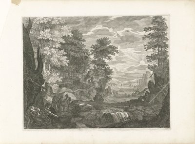 Vesiputous, jossa kaupunki taustalla Neljä maisemaa Bohemiassa (sarjan nimi) tekijältä Aegidius Sadeler (II) (attributed to)