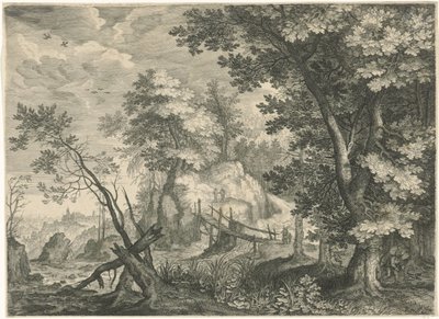 Metsämaisema puusillalla Vuoristomaisemat Tirolista (sarjan nimi) tekijältä Egidius  Sadeler (II)