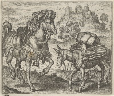 Fable of the Disturtled Donkey and the Warhorse tekijältä Egidius  Sadeler (II)
