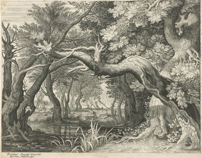 Hirvenmetsästys metsäjärvellä Kuusi maisemaa (sarjan nimi) tekijältä Egidius  Sadeler (II)