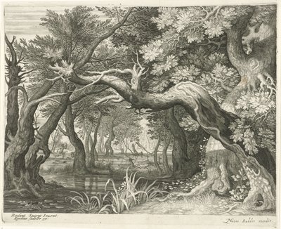 Hirvenmetsästys metsäjärvellä Kuusi maisemaa (sarjan nimi) tekijältä Egidius  Sadeler (II)