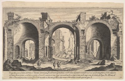 Levy 19: näkymä Caracallan kylpylöistä, osoittaen kaiverretulla A-kirjaimella paikat ..., 1606. tekijältä Aegidius Sadeler II