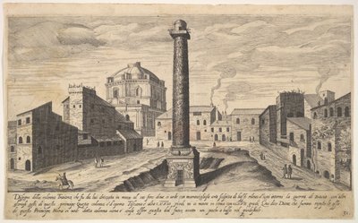 Levy 31: kuva Trajanuksen pylväästä, jonka jalusta on kaivettu esiin maasta, su..., 1606. tekijältä Aegidius Sadeler II