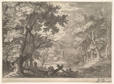 Metsämaisema soisilla rannoilla, kaksi miestä ja koira profiilissa vasemmalla, kaksipitkäkaula..., n. 1600. tekijältä Aegidius Sadeler II
