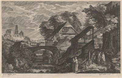 Maatilatalot joen varrella ja kaupunki takana tekijältä Aegidius Sadeler II after Pieter Stevens