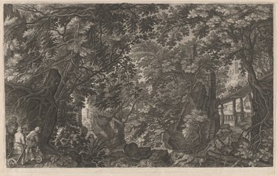 Metsästäjät metsässä lähellä puusiltaa tekijältä Aegidius Sadeler II after Pieter Stevens