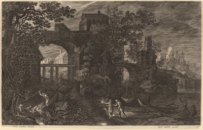 Yömaisema jokikalastajien kanssa kaupungin muurien ulkopuolella tekijältä Aegidius Sadeler II after Pieter Stevens