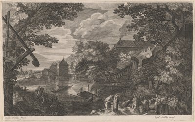 Jokimaisema kalastajien kanssa linnoitetun kaupungin äärellä tekijältä Aegidius Sadeler II after Pieter Stevens