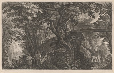 Matkailijat lepäävät vuoristometsässä hirsisillan varrella tekijältä Aegidius Sadeler II after Pieter Stevens