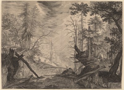 Kolme metsästäjää ja kaksi koiraa uima-altaan lähellä tekijältä Aegidius Sadeler II after Roelandt Savery