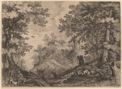 Metsäkohtaus, jossa on kaksi metsästäjää ja koira vasemmalla tekijältä Aegidius Sadeler II after Roelandt Savery