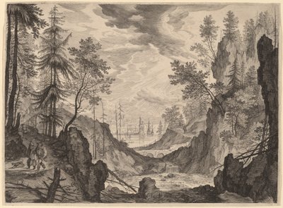 Metsäkohtaus ja vesiputous tekijältä Aegidius Sadeler II after Roelandt Savery