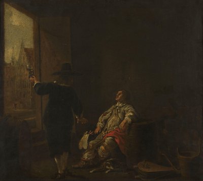 Viinikaupan kyltti, jossa toisella puolella viinin maistelua ja toisella tynnyriä tekijältä Aelbert Cuyp (circle of)