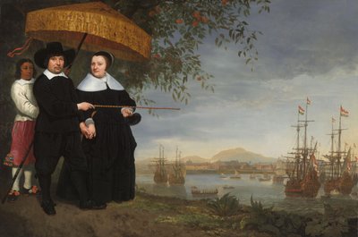 VOC-vanhempi kauppias vaimonsa ja orjuutetun palvelijan kanssa tekijältä Aelbert Cuyp (circle of)