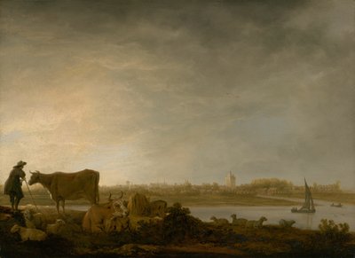 Näkymä Vianenista, jossa on paimen ja karjaa joen rannalla. tekijältä Aelbert Cuyp