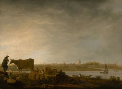 Näkymä Vianenista, jossa on karjalainen ja karjaa joen rannalla, noin 1643-45 (öljy paneelille). tekijältä Aelbert Cuyp
