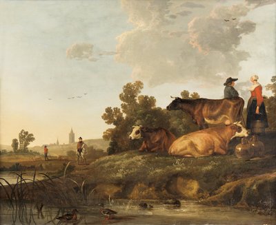 Karjanhoitaja ja maitotyttö seisovat karjan vieressä, kaukana näkyy kaupunki. tekijältä Aelbert Cuyp