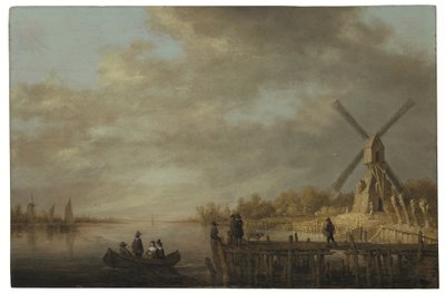 Jokimaisema, jossa tuulimylly ja etualalla soutuveneessä ja laiturilla istuva väki (öljy paneelille). tekijältä Aelbert Cuyp