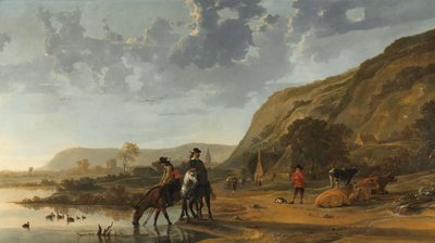 Jokimaisema ratsastajien kanssa Jokimaisema lähellä Nijmegeniä ja ratsastajat juottavat hevosiaan tekijältä Aelbert Cuyp