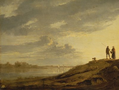 Auringonlasku joen yllä, 1650-luku (paneeli) tekijältä Aelbert Cuyp