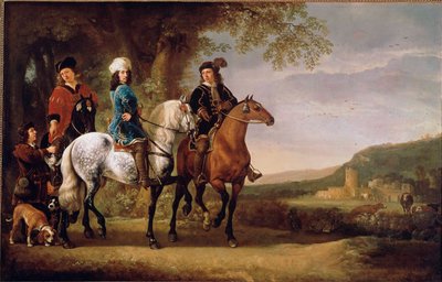Hollannin aateliset kävelevät hevosen selässä. Albert (Aelbert tai Aelbrecht) Cuypin (1620-1691) maalaus 1600-luvun su. 119x152,5 cm Pariisi, musee du Louvre tekijältä Aelbert Cuyp