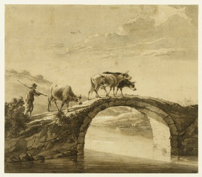 Kolme lehmää sillalla (Lugt 16) tekijältä Aelbert Cuyp