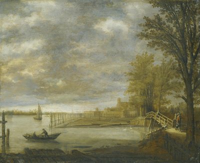 Näkymä Dordrechtista etelästä, etualalla sahatavarapihoja. tekijältä Aelbert Cuyp
