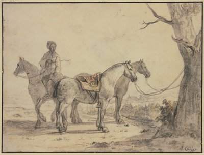 Kaksi satuloitua hevosta on sidottu puuhun, ja niiden vieressä on ratsastaja tekijältä Aelbert Cuyp