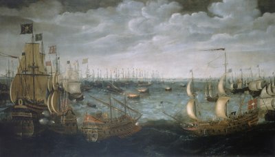 Tulilaivojen laukaisu espanjalaista armadaa vastaan, 7. elokuuta 1588, noin 1590 (öljy kankaalle). tekijältä Aert Anthonisz