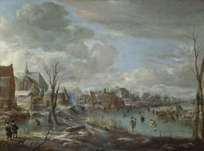 Jäätynyt joki lähellä kylää, golfaajien ja luistelijoiden kanssa, c. 1647-1648 tekijältä Aert van der Neer