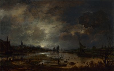 Joki lähellä kaupunkia, Moonlight, n. 1645 tekijältä Aert van der Neer