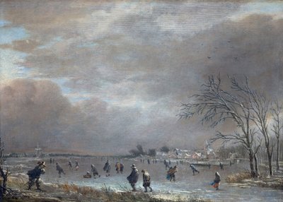 Talvimaisema luistelijoiden kanssa jäätyneellä joella tekijältä Aert van der Neer