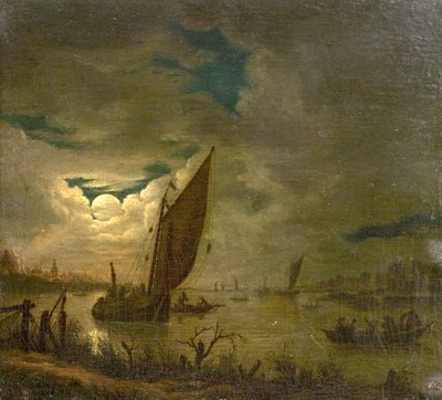 Jokikohtaus veneillä ja hahmoilla (öljy puulle) tekijältä Aert van der (imitator of) Neer