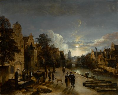 Canal Scene in Moonlight, noin 1660-luku (öljy kankaalle) tekijältä Aert van der Neer