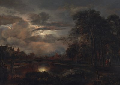 Kuutamoinen maisema sillalla, luultavasti 16481650. tekijältä Aert van der Neer