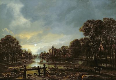 Kuutamoinen jokimaisema mökeillä metsäisellä rannalla tekijältä Aert van der Neer