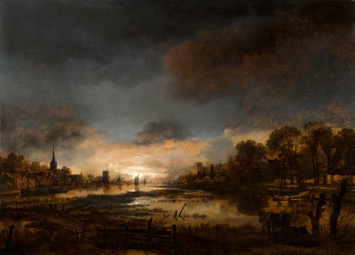 Jokimaisema auringonlaskun aikaan tekijältä Aert van der Neer