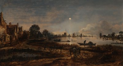 Moonlightin jokinäkymä Maisema kuunvalossa tekijältä Aert van der Neer