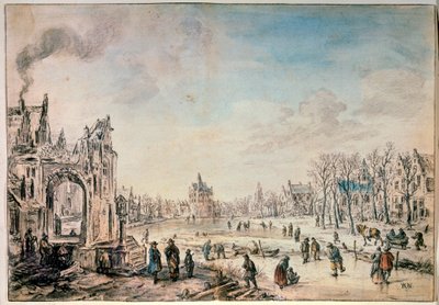 Talvimaisema luistelijoiden kanssa, hollantilainen maalaus 1600-luvulta tekijältä Aert van der Neer