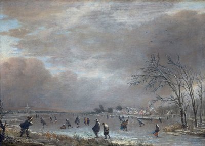 Talvimaisema luistelijoiden kanssa jäätyneellä joella (öljy paneelissa) tekijältä Aert van der Neer