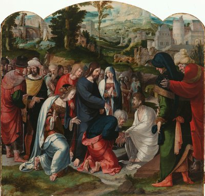 Lasaruksen herättäminen Triptyykin keskipaneeli Lasaruksen nostamisesta tekijältä Aertgen Claesz van Leyden (attributed to)
