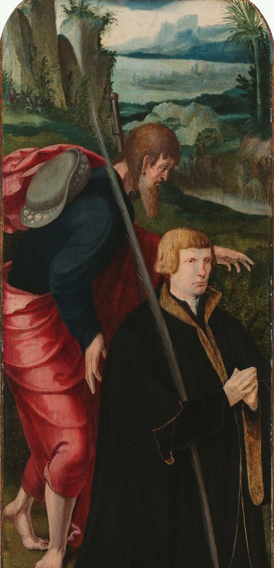 Lasaruksen herättäminen Triptyykin vasen sisempi siipi miespuolisen luovuttajan ja Pyhän Jaakobin kanssa tekijältä Aertgen Claesz van Leyden (attributed to)