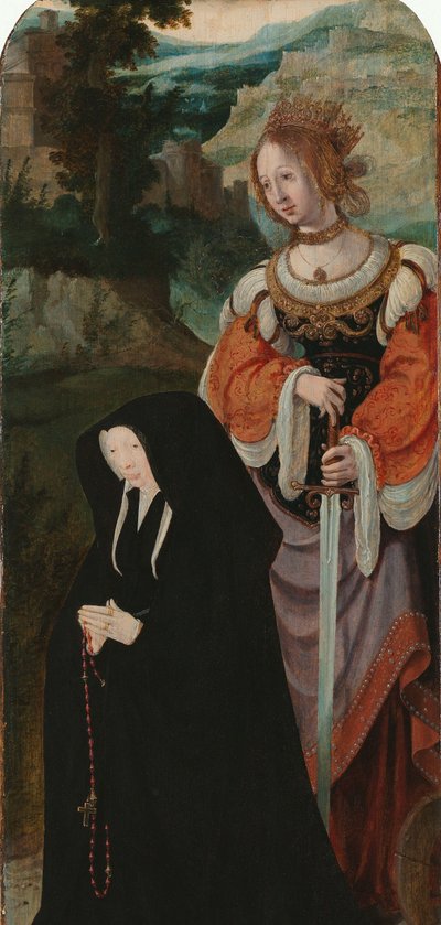 Lasaruksen herättäminen Triptyykin oikea sisäsiipi naisluovuttajan ja Pyhän Katariinan kanssa tekijältä Aertgen Claesz van Leyden (attributed to)