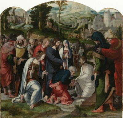 Lasaruksen herättäminen, triptyykin keskipaneeli, n. 1530 tekijältä Aertgen Claesz van Leyden