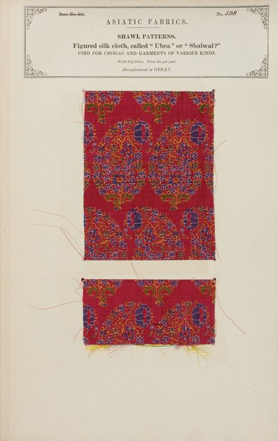 John Forbes Watsonin Heratissa valmistettu kuvioitu silkkikangasnäyte kokoelmasta The Collection of the Textile Manufacturers of India, julkaistu vuonna 1866 tekijältä Afghan School