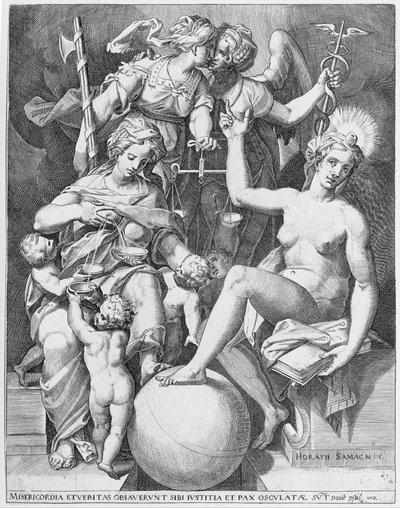 Daavidin psalmin allegoria, Misericordia istuu vasemmalla ja ruokkii neljää lasta..., 1579. tekijältä After Agostino Carracci.