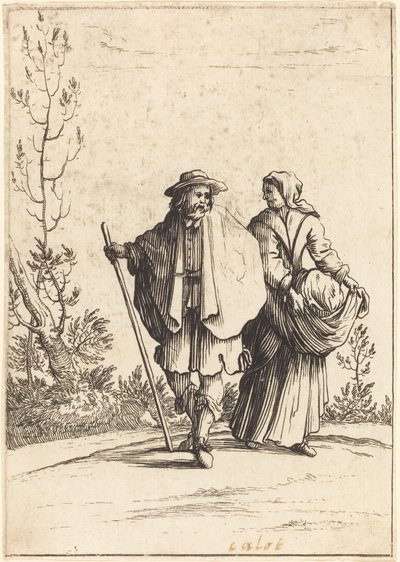 Kerjäläispari, taustalla maisema tekijältä After Jacques Callot