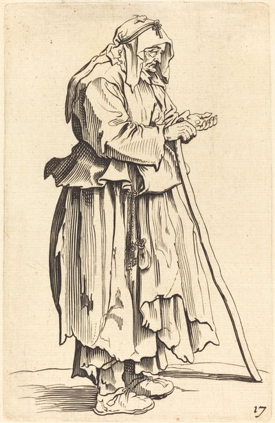 Kerjäläinen nainen vastaanottaa hyväntekeväisyyttä tekijältä After Jacques Callot