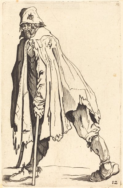 Kerjäläinen kainalosauvoilla ja lippisellä tekijältä After Jacques Callot