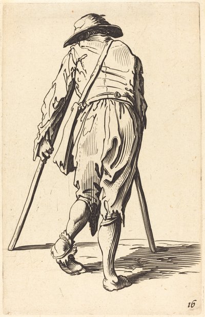 Kerjäläinen kainalosauvojen ja hatun kanssa, näkymä takaa tekijältä After Jacques Callot